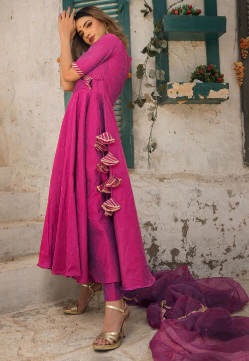 Embroidered Cotton Silk A Line Suit in Fuchsia