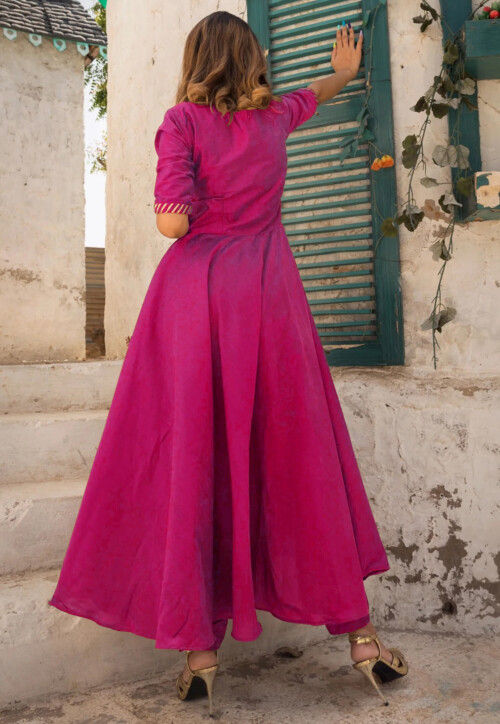 Embroidered Cotton Silk A Line Suit in Fuchsia
