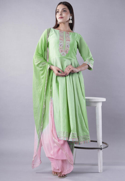 Embroidered Cotton Silk A Line Suit in Light Green