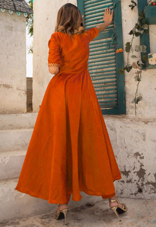 Rusty Orange Mal Cotton Floral Embroidered A-line Suit main image 1