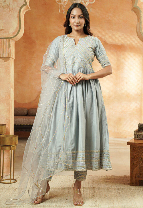 Buy Embroidered Cotton Silk Anarkali Suit in Grey Online : KUFC104 - Utsav  Fashion