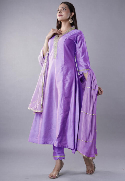 Embroidered Cotton Silk Anarkali Suit in Light Purple
