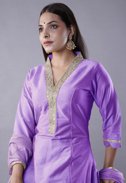 Embroidered Cotton Silk Anarkali Suit in Light Purple