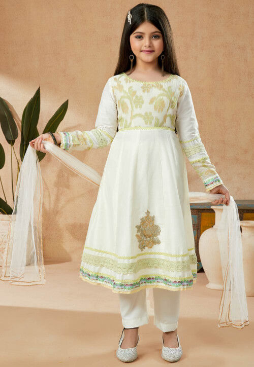 Buy FAYON KIDS Lime Green Printed Anarkali Dress (Set of 2) online