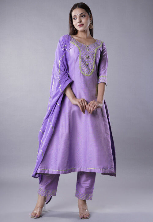 Embroidered Cotton Silk Anarkali Suit in Purple