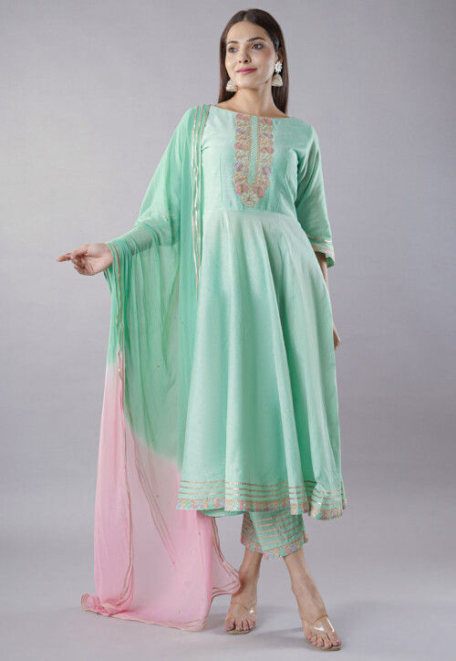 Embroidered Cotton Silk Anarkali Suit in Sea Green