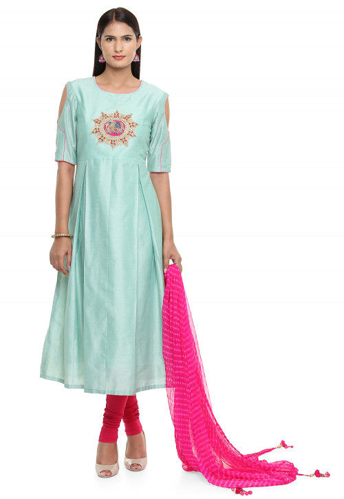 Embroidered Cotton Silk A Line Suit in Turquoise
