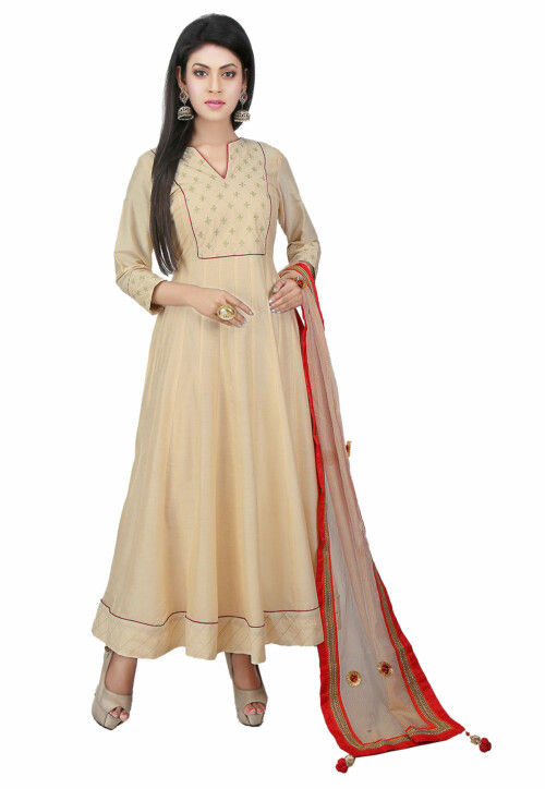 Silk Floral Printed Anarkali Gown in Copper Brown Color