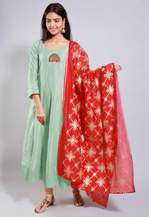 Embroidered Cotton Silk Anarkali Suits in Pastel Green