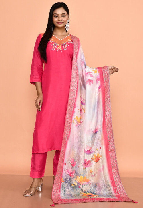 Embroidered Cotton Silk and Organza Pakistani Suit in Fuchsia