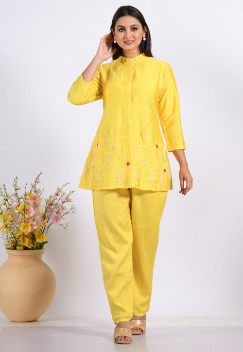 Embroidered Cotton Silk Co ord Set in Yellow