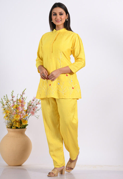 Embroidered Cotton Silk Co ord Set in Yellow