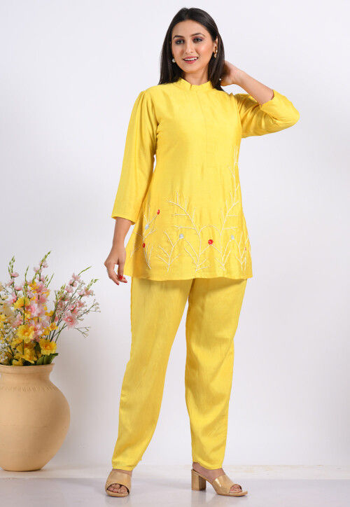 Embroidered Cotton Silk Co ord Set in Yellow