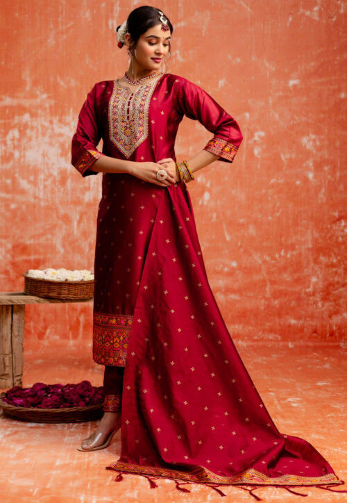 Embroidered Cotton Silk Jacquard Pakistani Suit in Maroon