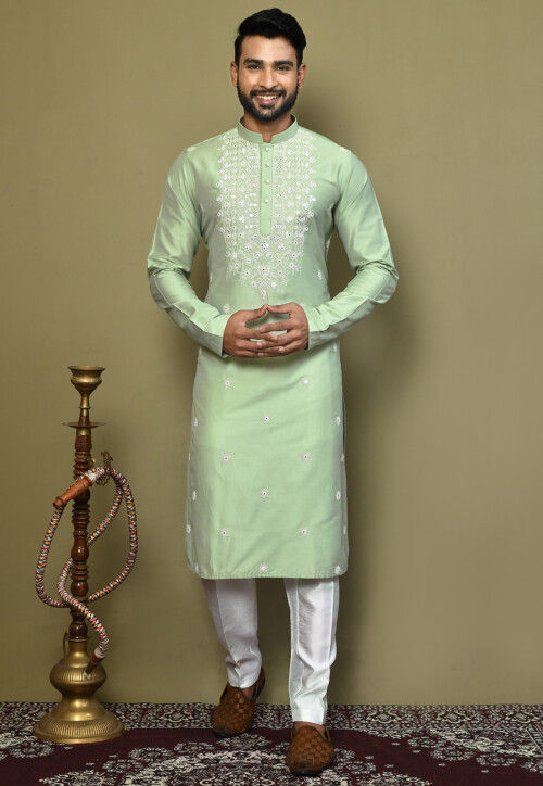 Embroidered Cotton Silk Kurta Set in Pastel Green