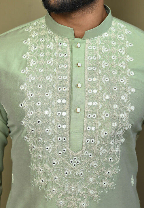Embroidered Cotton Silk Kurta Set in Pastel Green
