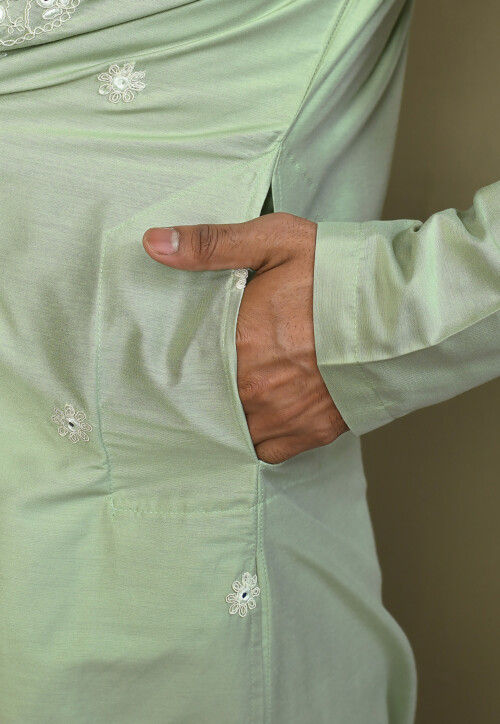 Embroidered Cotton Silk Kurta Set in Pastel Green