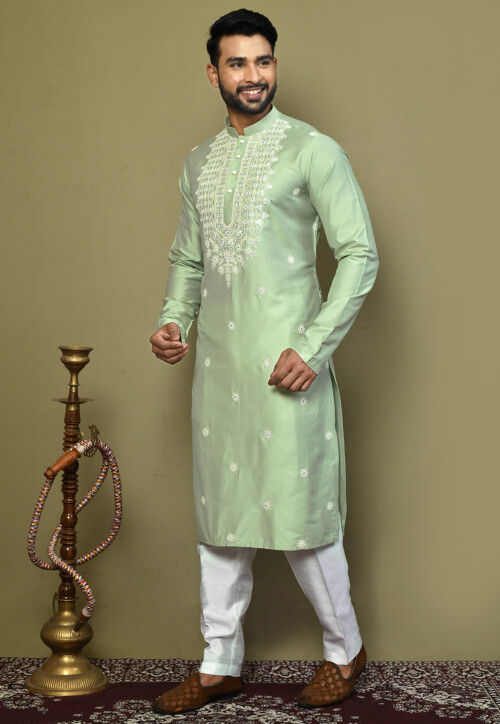 Embroidered Cotton Silk Kurta Set in Pastel Green