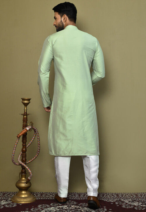 Embroidered Cotton Silk Kurta Set in Pastel Green