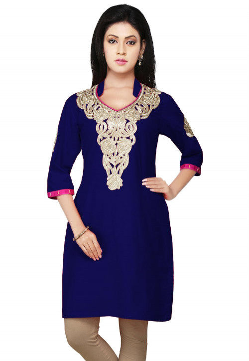 Embroidered Cotton Silk Kurti in Royal Blue