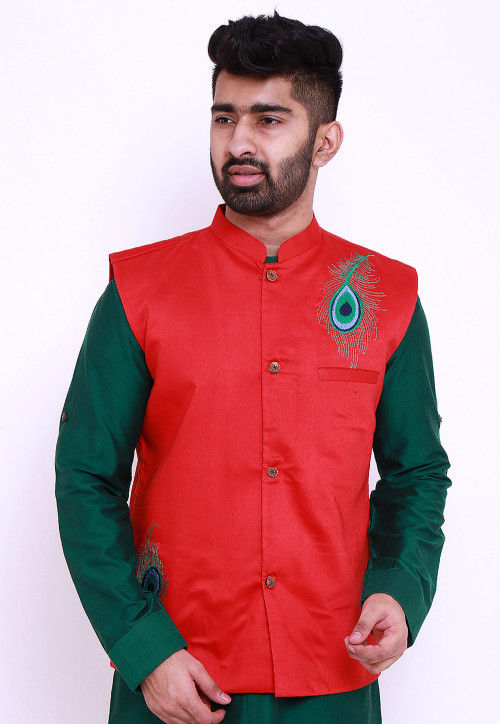 Men's Yellow Embroidered Nehru Jacket in Silk Cotton Blend