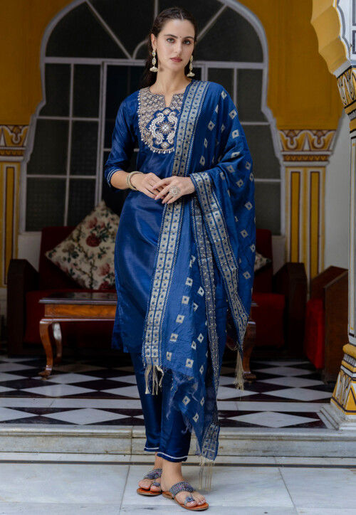 Embroidered Cotton Silk Pakistani Suit in Blue