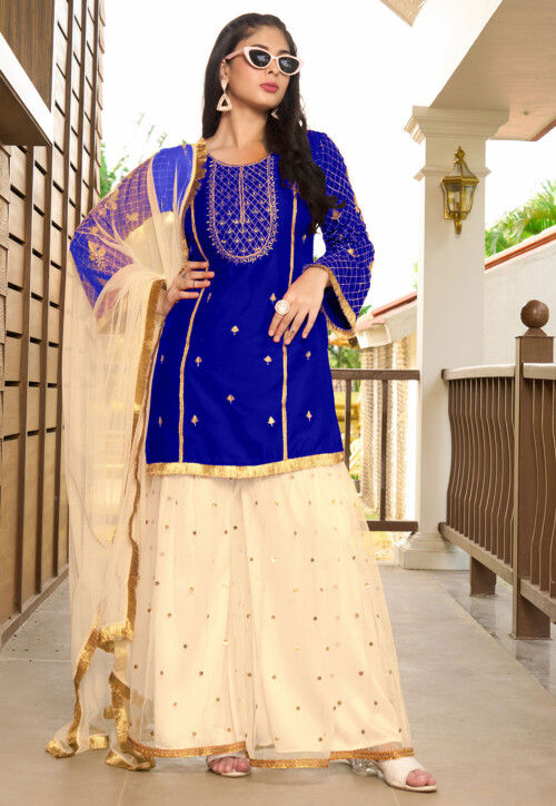 Embroidered Cotton Silk Pakistani Suit in Blue