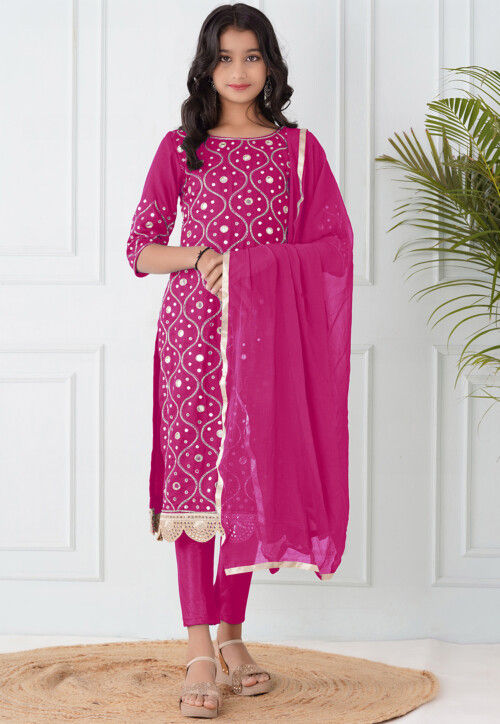 Embroidered Cotton Silk Pakistani Suit in Fuchsia