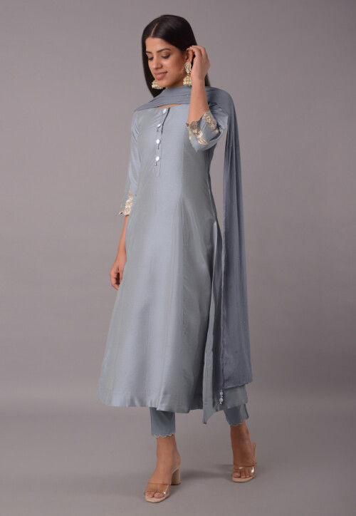 GREY - MODAL SILK CASUAL PRINTED STRAIGHT CUT KURTI WITH NECK EMBROIDE
