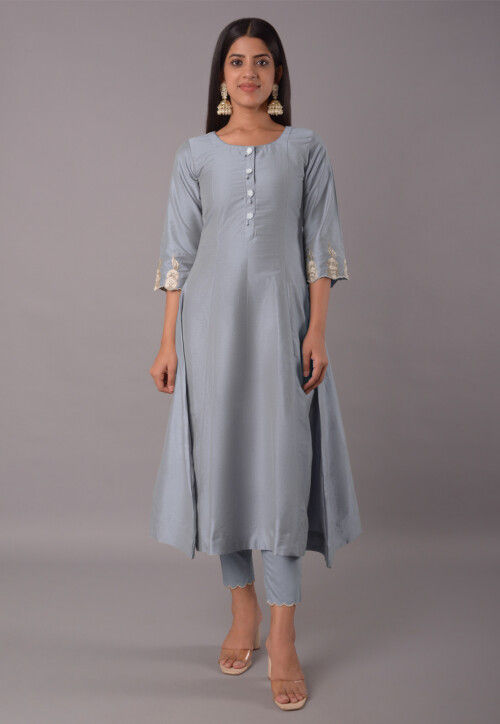 Buy Embroidered Cotton Silk Pakistani Suit in Grey Online : KUR67 ...