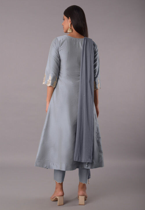 Buy Embroidered Cotton Silk Pakistani Suit in Grey Online : KUR67 ...