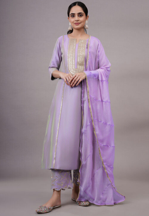 Embroidered Cotton Silk Pakistani Suit in Light Purple