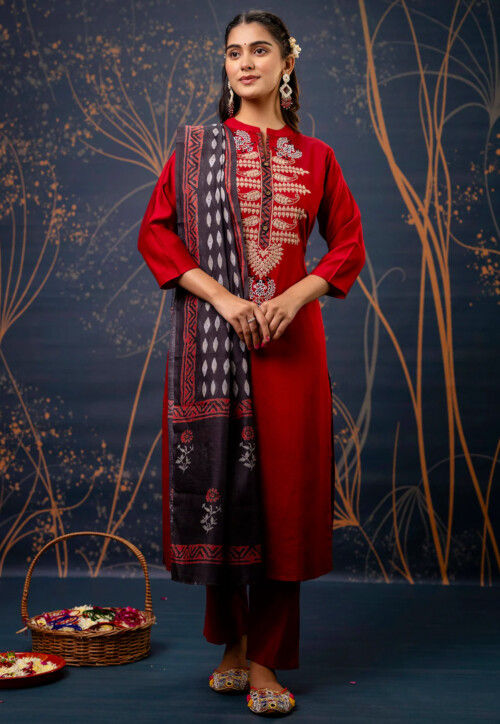 Embroidered Cotton Silk Pakistani Suit in Maroon