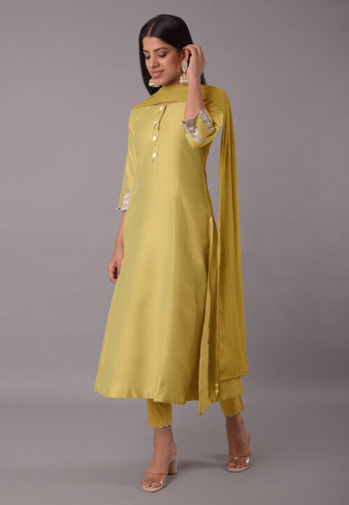 Embroidered Cotton Silk Pakistani Suit in Mustard