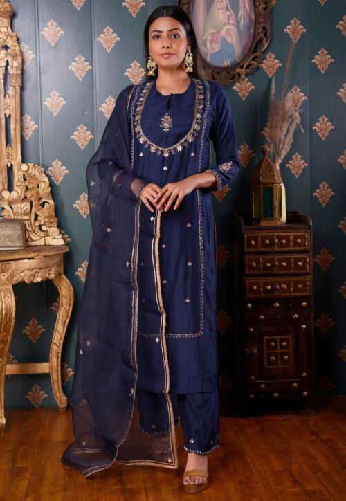 Embroidered Cotton Silk Pakistani Suit in Navy Blue