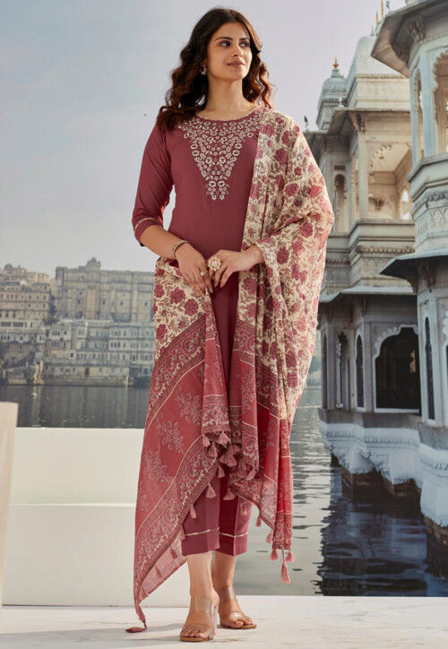 Embroidered Cotton Silk Pakistani Suit in Old Rose