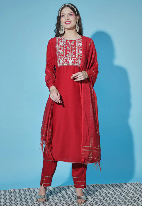 Embroidered Cotton Silk Pakistani Suit in Red