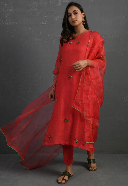 Embroidered Cotton Silk Pakistani Suit in Red