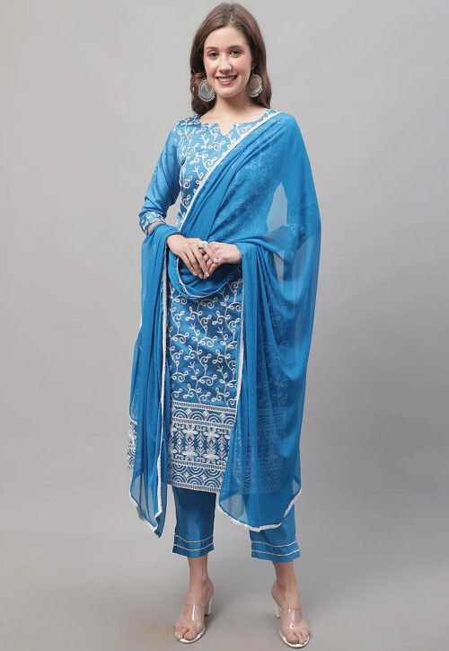 Embroidered Cotton Silk Pakistani Suit in Sky Blue