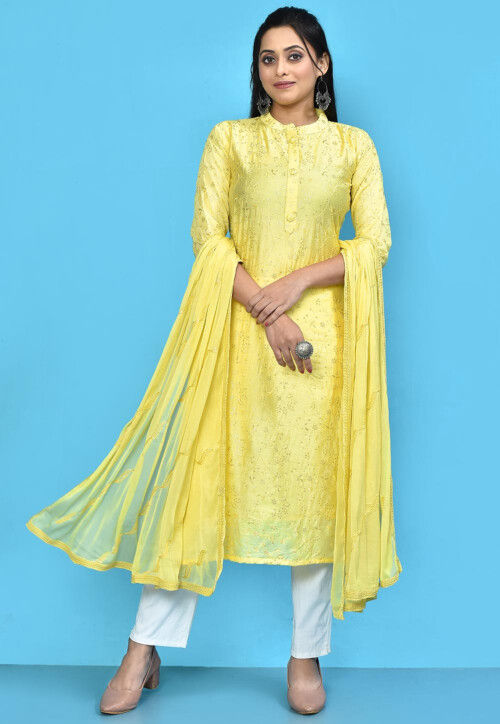 Embroidered Cotton Silk Pakistani Suit in Yellow