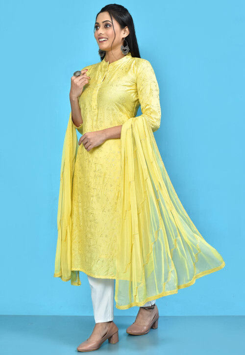 Embroidered Cotton Silk Pakistani Suit in Yellow