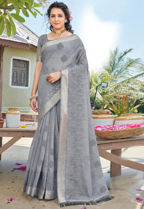 Embroidered Cotton Silk Saree in Grey