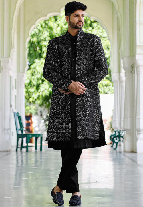 Embroidered Cotton Silk Sherwani in Black