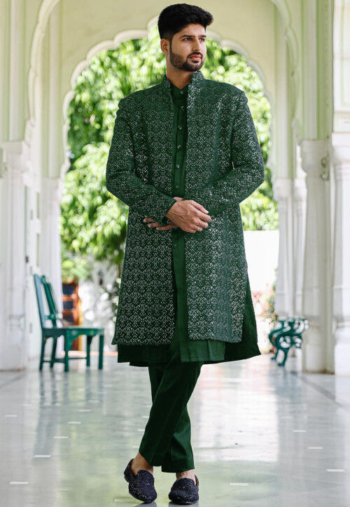 Embroidered Cotton Silk Sherwani in Dark Green