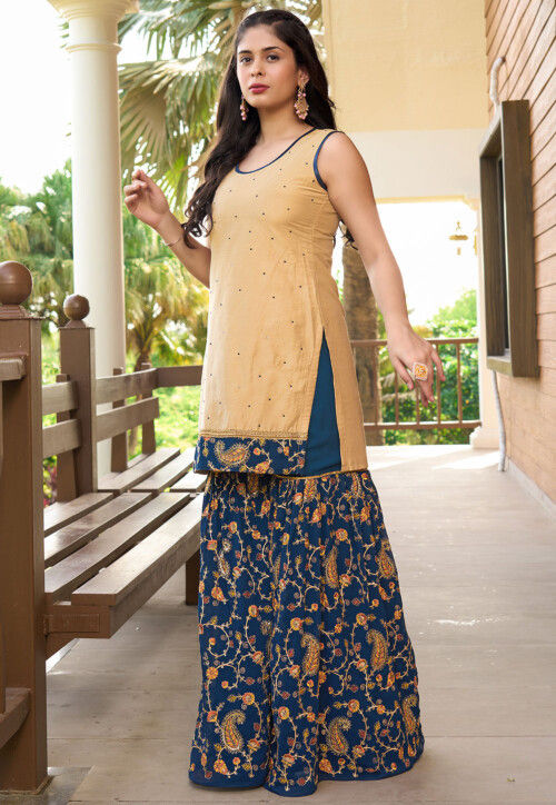 Embroidered Cotton Silk Straight Kurta in Beige