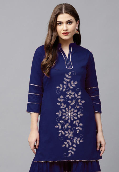 Embroidered Cotton Silk Straight Kurta in Navy Blue