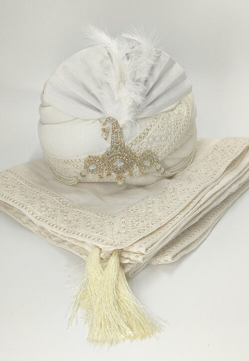 Embroidered Cotton Silk Turban Set in Off White