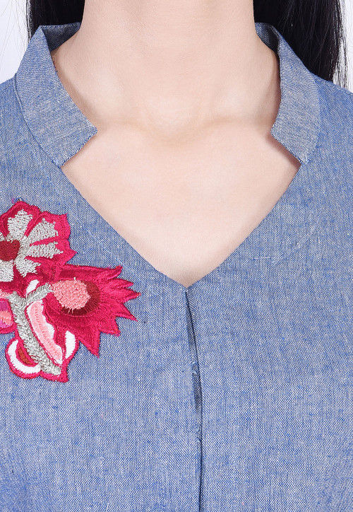 Beige - Slub Cotton A-Line Plain Kurta with Hand Embroidery 03