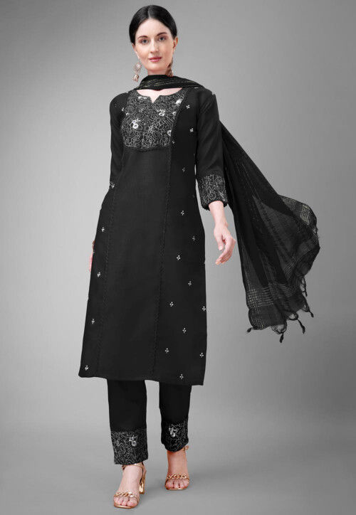 Embroidered Cotton Slub Pakistani Suit in Black