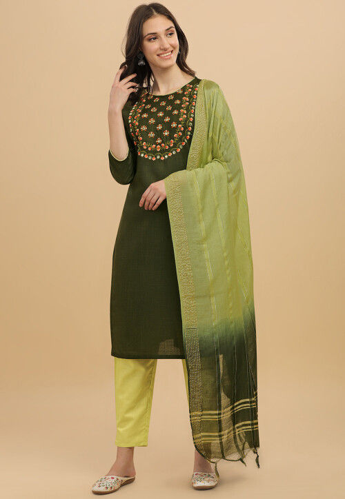 Embroidered Cotton Slub Pakistani Suit in Olive Green